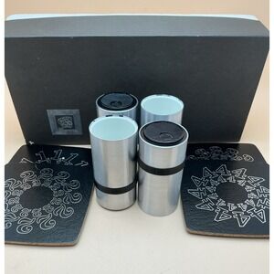 Vintage Aachen Germany Design 4 Stainless Shot Glasses & Coasters Gift Set